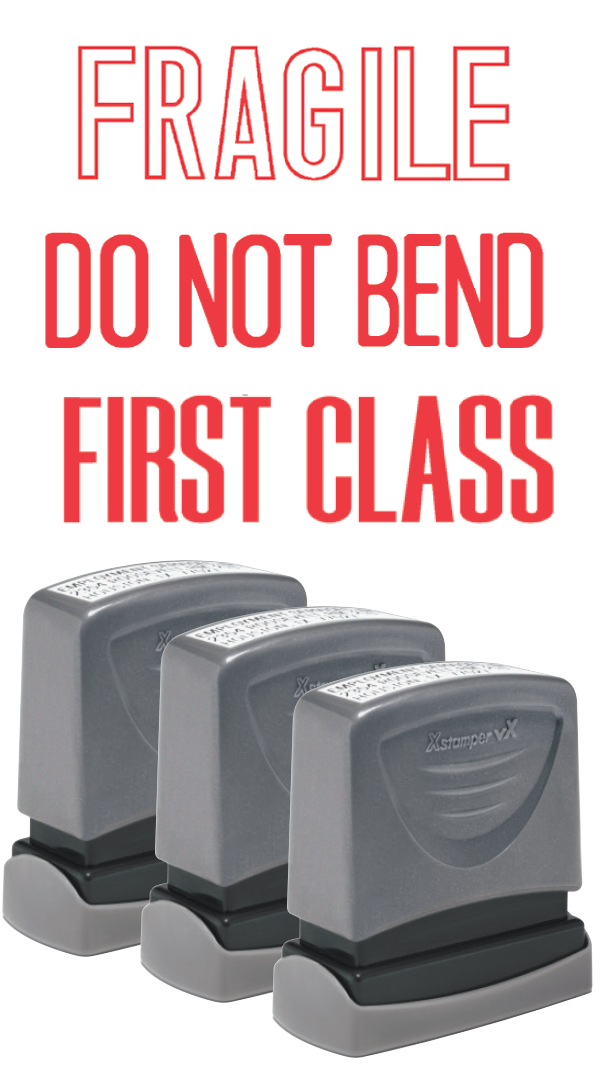 DO NOT BEND, FIRST CLASS, FRAGILE Pre-Inked Xstamper vX Stock Stamp 3-Pack 1/2" x 1-5/8"