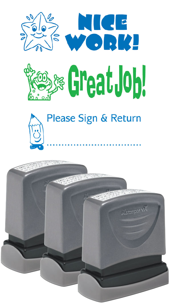 NICE WORK!, GREAT JOB!, PLEASE SIGN & RETURN Pre-Inked Xstamper vX Stock Teacher Stamp 3-Pack 1/2" x 1-5/8"