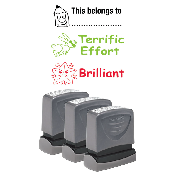 THIS BELONGS TO, TERRIFIC EFFORT, BRILLIANT Pre-Inked Xstamper vX Stock Teacher Stamp 3-Pack 1/2" x 1-5/8"
