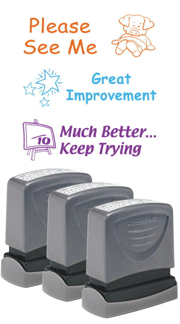 PLEASE SEE ME, GREAT IMPROVEMENT, MUCH BETTER...KEEP TRYING Pre-Inked Xstamper vX Stock Teacher Stamp 3-Pack 1/2" x 1-5/8"