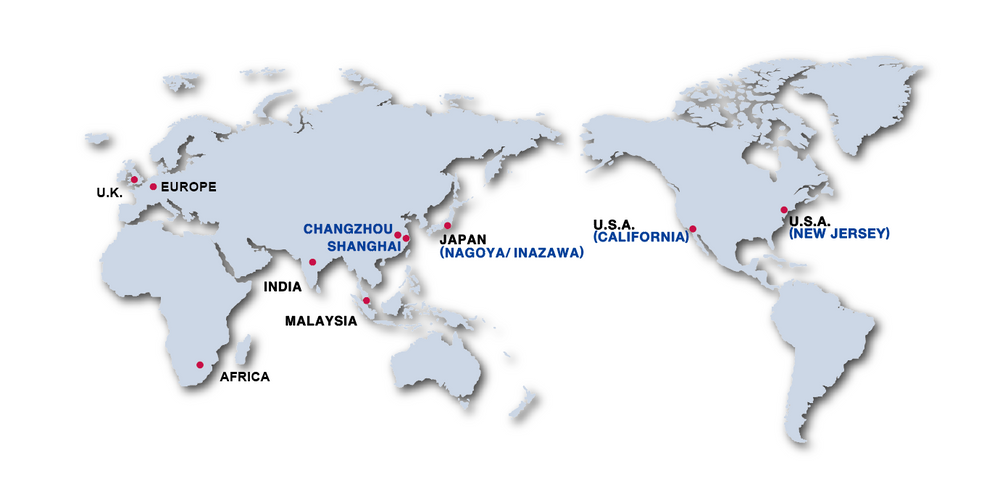 World map highlighting Shachihata global distribution network across the Americas, Europe, Africa, and Asia-Pacific