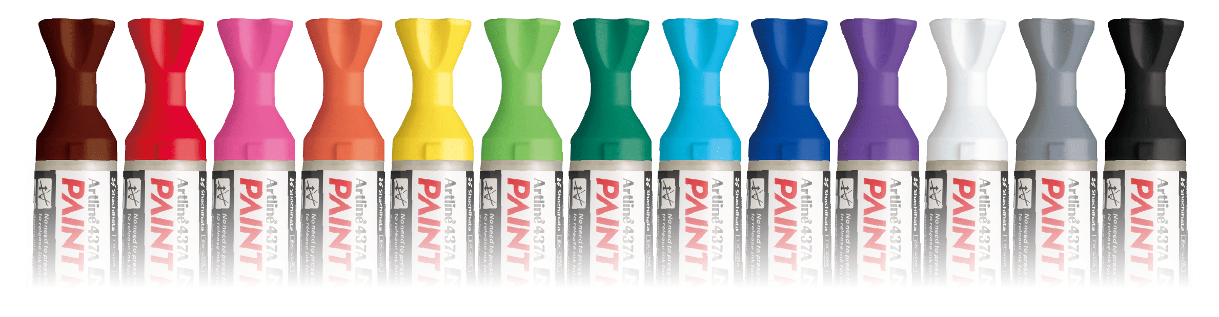 Artline NON-PRESS paint marker shown in its 13 available ink colors