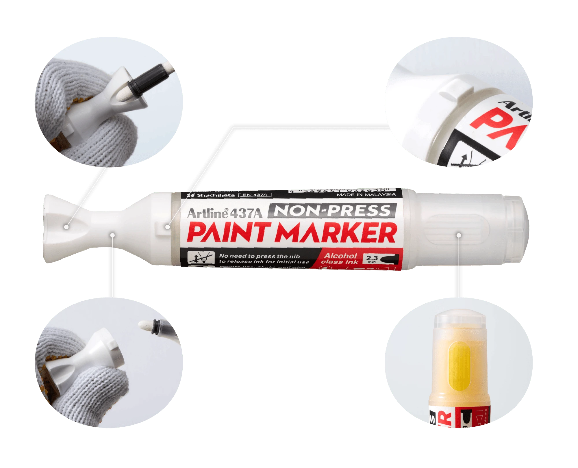 Cutaway diagram of the Artline NON-PRESS paint marker showing its main parts and features